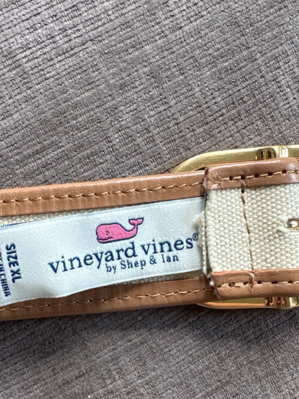 Vineyard Vines Tan Leather-Trim Canvas Belt with Pink Whale
